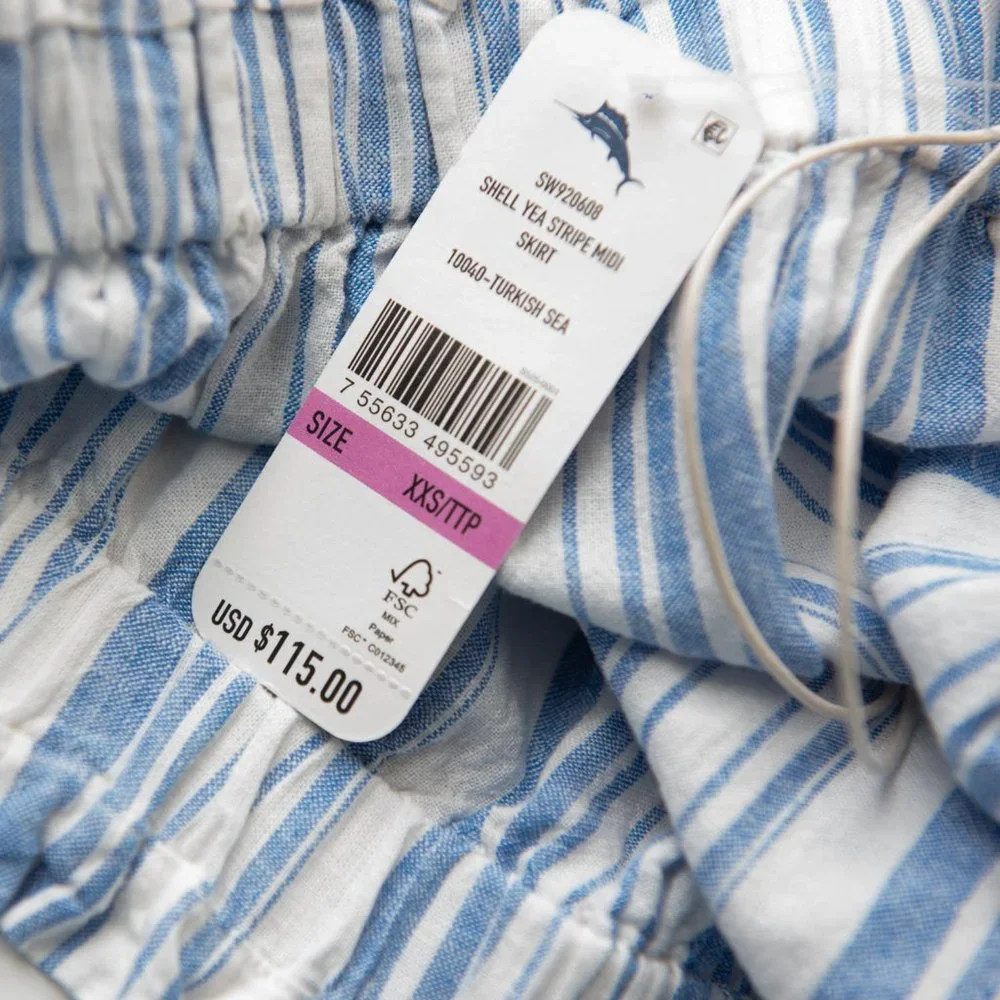 Tommy Bahama Shell Yea Skirt Linen Rayon Stripe Midi Blue White Size XXS New - Picture 5 of 6